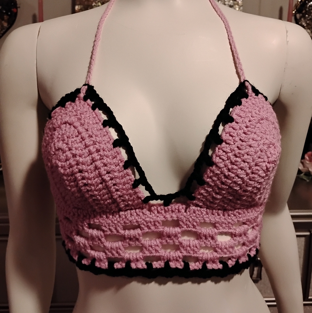 Pink and Black Crochet Halter Bralette